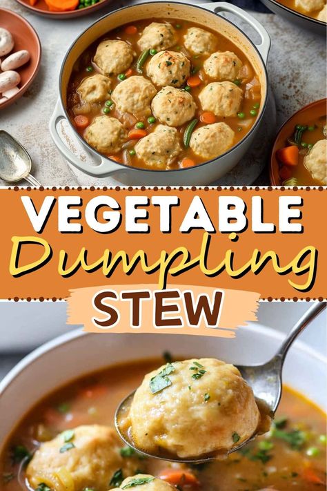 This hearty vegetable stew with fluffy dumplings is cozy, comforting, and packed with flavor. It's just what you need to warm up on chilly days! Vegetarian Stew And Dumplings, Vegtable Stew, Vegetable Dumpling Soup, Stew Dumplings, Dumpling Stew, Turnip Vegetable, Fluffy Dumplings, Vegetable Ideas, Beef Dumplings