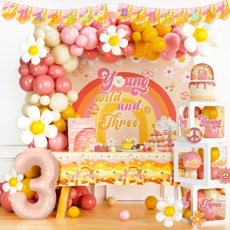 PRICES MAY VARY. 【GROOVY BRIGHT 3RD BIG DAY】🌼 Celebrate this wonderful day with a trendy and cute party! Orange and pink, with lovely daisy create a warm atmosphere. This boho decoration is perfect for your little sweetie’s 3rd birthday party and a fun way to make a difference for everyone involved! 【YOUNG WILD AND THREE DECORATIONS GIRL SET】🧡 80 x 12’’ latex balloons, 40 x 5’’ latex balloons, 7 x foil balloons, 21 x cutouts, 1 x backdrop, 1 x tablecloth, 1 x banner, 1 x cake topper, 3 x ballo 3rd Year Old Birthday Party Ideas, Three-nager Birthday Party Ideas, Twin Third Birthday Ideas, 3rd Party Ideas, Girl 3rd Birthday Party Themes, 3 Yo Birthday Party Ideas, 3yrs Old Birthday Party Ideas, 3rd Birthday Theme Ideas Girl, Young Wild And Three Birthday Decor