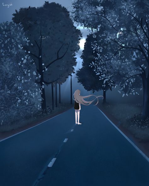 I'm trying my hand at drawing nature (and asphalt haha). I hope that you appreciate my efforts! (,,,ᵕᴗᵕ,,,) Twilight Forest, Drawing Nature, Im Trying, Anime Style, In The Middle, The Middle, I Hope, Forest, Road