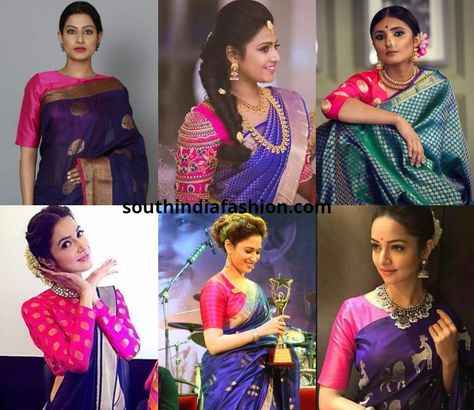 pink blouse blue saree photo Saree Looks, Pink Blouse Designs, South Indian Wedding Saree, New Saree, Purple Saree, Kids Lehenga, Saree Blouse Patterns, Designer Saree Blouse Patterns, Wedding Saree Indian