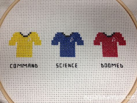 Star Trek Doomed Red Shirt Cross Stitch Star Trek Cross Stitch Patterns, Star Trek Embroidery, Funny Baby Names, Star Trek Cross Stitch, Space Embroidery, Diy Geek, Stitch Quotes, Dad Crafts, Stitch Cards