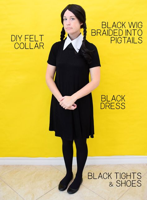 How To Make A Wednesday Addams Costume, Wednesday Costume Plus Size, Wednesday Custome Halloween Costumes, Homemade Wednesday Addams Costume, Dress Like Wednesday Addams, Diy Wednesday Addams Costume Kids, Easy Wednesday Addams Costume, Wednesday Costume Diy, Wednesday Adams Custom