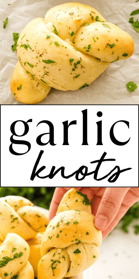 This Garlic Knots recipe makes the perfect fluffy rolls topped with savoury garlic butter. An easy, soft and buttery garlic knot recipe for beginners - with PRO tips! Recipe from thebusybaker.ca! #garlicknots #garlicknotsrecipe #garlicknotrecipe #garlicknot #appetizer #rolls #garlic #easyrolls #garlicrolls via @busybakerblog Garlic Butter Bread Knots, Garlic Nots Recipes From Scratch, Homemade Garlic Knots From Scratch, Small Batch Garlic Knots, Savory Soft Foods, Easy Savoury Recipes, Easy Garlic Rolls, Appetizer Rolls, Garlic Knot Recipe