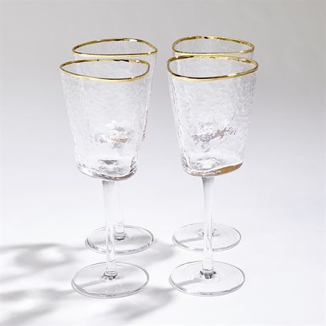 S/4 Hammered Footed Wine Glasses-Clear W/Gold Rim Metallic Glaze, Glasses Clear, Global Views, Makeup Mirrors, Water Glass, Hammered Gold, Outdoor Pendant, Champagne Glasses, Glass Texture