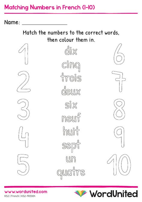 Using this matching activity worksheet, children can build their knowledge of numbers 1-10 in French. Includes answer sheet. Supports the following areas of learning within Key Stage 2: Languages. French Numbers Activities, French Grade 1 Worksheets, French Numbers 1 To 10, French For Beginners Worksheets, Grade 2 French Worksheets, French Numbers Worksheet, French Activities For Kids, French Worksheets For Kids, French Worksheets For Beginners