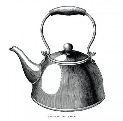 Vintage tea kettle hand draw engraving i... | Premium Vector #Freepik #vector #vintage #retro #tea #sketch Teapot Drawing, Tea Cup Drawing, Teapot Ornament, Vintage Tea Kettle, Illustration Black And White, Tea Logo, Chalkboard Drawings, Engraving Illustration, Hand Drawn Vector Illustrations