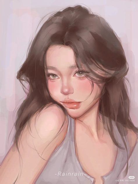 Watercolor Semi Realism, Female Oc Sketch, Semi Art Style, Digital Art Semi Realism, Semi Realistic Hair, Semi Realism Digital Art, Semi Realistic Painting, Semi Realism Art Style, Soft Digital Art