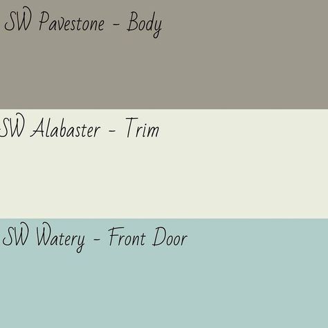 Sherwin Williams Pavestone - BODY. Sherwin Willaims Alabaster - TRIM. Sherwin Williams Watery- FRONT DOOR Alabaster Trim, Modern Exterior Paint Colors, Exterior Color Palette, Interior Paint Colors Schemes, Outside Paint, House Paint Color Combination, Color Combinations Paint, Exterior House Paint Color Combinations, Exterior House Color