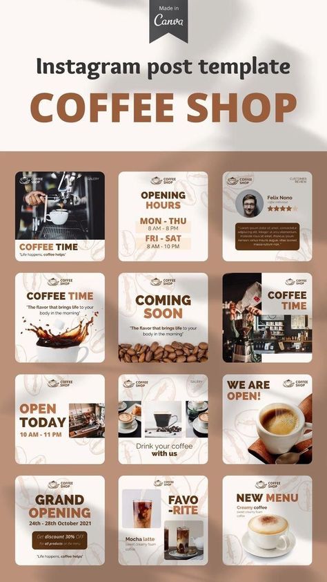 Coffee Shop Ig Feed, Cafe Ig Feed, Coffee Shop Instagram Feed, Coffee Shop Instagram, Messages Instagram, Coffee Poster Design, Instagram Grid Design, Instagram Design Layout, Food Template