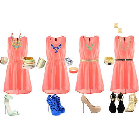 A fashion look from June 2013 featuring H&M dresses, Brian Atwood shoes and Giuseppe Zanotti sandals. Browse and shop related looks. Coral Dress Accessories, Coral Dress Outfit, Summer Dresses Sundresses, Salmon Dress, Coral Outfit, Rosa Coral, Color Shoes, Dresses Casual Fall, Coral Dress