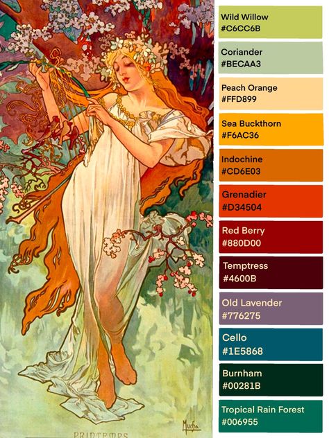 Art block is still super there, so have a palette from Mucha’s Printemps Color Pairs That Go Together, Alphonse Mucha Color Palette, Painting Color Pallete, Color Combinations For Art, Color Palettes That Go Together, Art History Color Palette, Art Nouveau Colors, Art Nouveau Colour Palette, Coloring Book Color Schemes