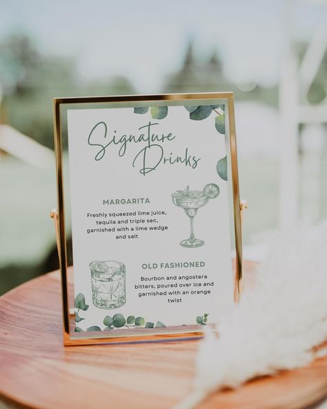 Signature Drinks reception sign, from some of our customers’ favourite collection: Eucalyptus Foliage 🌿 #signaturecocktails #signaturedrinks #weddingreceptiondecor #weddingstationeruk Drinks Sign Wedding, Wedding Signature Cocktails, Ceremony Signage, Wedding Drink Sign, Signature Wedding Drinks Sign, Wedding Reception Signage, Newspaper Wedding Programs, Signature Cocktails Wedding, Reception Signage