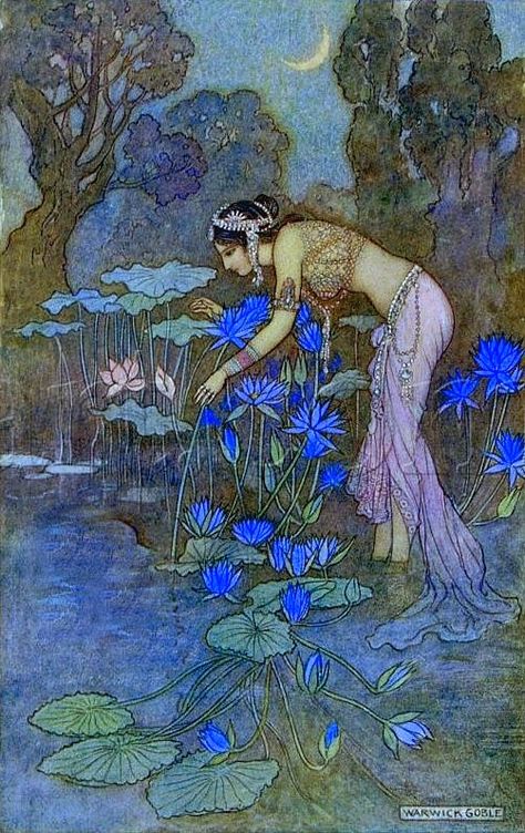 Warwick Goble -I love this, I even tried to make a copy of it to understand the style better Indian Lotus Art, Desi Collage, Warwick Goble, Edmund Dulac, Illustration Kunst, 동화 삽화, Fairytale Illustration, Illustration Vintage, Art Et Illustration