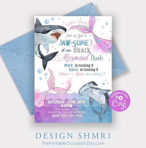 Under The Sea Sibling Birthday Party, Mermaid And Shark Birthday Party Invitation, Combined Birthday Party Themes, Sharks And Mermaids Birthday Party, Brother Sister Birthday Party Themes, Brother And Sister Birthday Party Ideas, Brother Sister Birthday Party, Mermaid And Shark Birthday Party, Shark And Mermaid Birthday Party