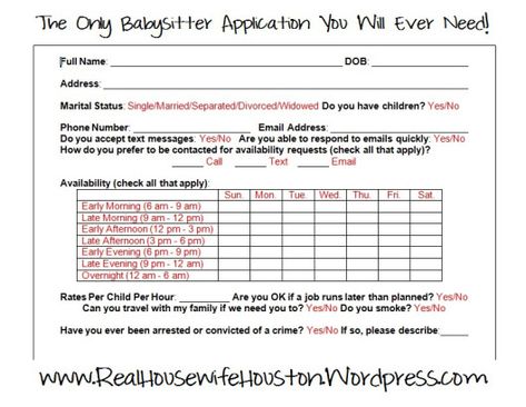 Awesome application for a babysitter Babysitting Application, Babysitting Binder, Babysitter Binder, Job Application Sample, Babysitting Kit, Babysitting Hacks, Babysitting Jobs, More Friends, Kids Schedule