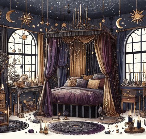 Esoteric Aesthetic, Goth Cottage Core, Celestial Room, Galaxy Bedroom, Whimsical Goth, Dollhouse Inspiration, Fairytale House, Fantasy Bedroom, Fantasy Rooms