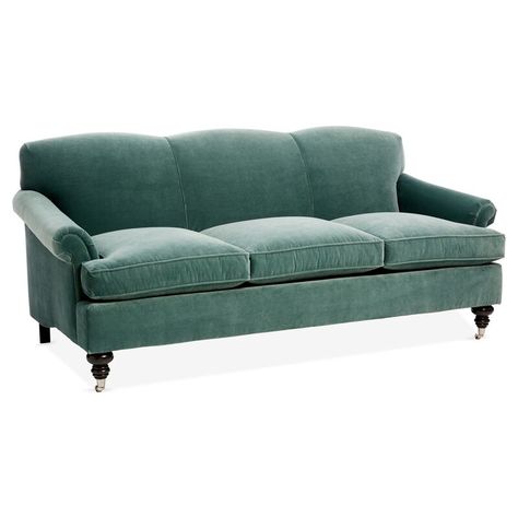 Kim Salmela - Joplin Sofa | One Kings Lane Green Chesterfield Sofa, English Roll Arm Sofa, Green Velvet Sofa, Velvet Couch, Furniture Logo, Rolled Arm Sofa, Green Sofa, Tufted Sofa, White Furniture