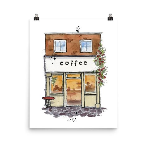 "Is there anything better than the sweet aroma and taste of a good cup of coffee?  Inspired loosely by a coffee shop I used to go to when I was in college, this art print is perfect for that coffee lover in your life or as a cute coffee nook decor. ------- ART PRINT SPECS ------- This is a giclée art print available in 4 sizes. These are museum-quality art prints made on thick and durable matte paper. The paper is archival and acid-free which means you will be able to enjoy it for decades to come. * Paper weight: 200 gsm/110 lbs * Beautiful matte paper with bright colours  * Giclée printing quality * A 0.75\" black frame can now be added to your order!  * Frame is made from a semi-hardwood (alder) from renewable forests. Hanging hardware included    Unframed posters will be carefully rolle Iced Coffee Watercolor Painting, Coffee Shop Watercolor, Coffee Shop Drawing, Coffee Nook Decor, Watercolor Art Coffee, Coffee Shop Art, Coffee Prints, Coffee Art Painting, Coffee Watercolor