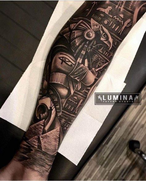 Egyptian God Tattoo Sleeve, Egyptian Tattoo Sleeve Men Arm, Sleeve Egyptian Tattoo, Ra Tattoo Egyptian, Egyptian Pyramid Tattoo, Pyramid Tattoos, Eygptain Tattoos, Hieroglyphics Tattoo, Pharaoh Tattoo