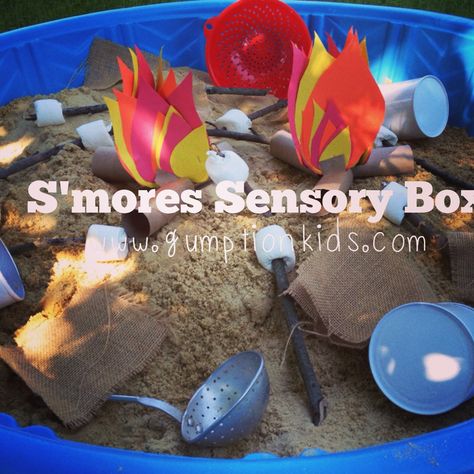 S'mores Sensory Box in Smart.Camp. Camping Sensory Bin Toddlers, Camping Sensory, Preschool Sensory Table, Preschool Camping Activities, Camping Dramatic Play, Camping Preschool, Camping Theme Preschool, Camping Crafts For Kids, Preschool Sensory