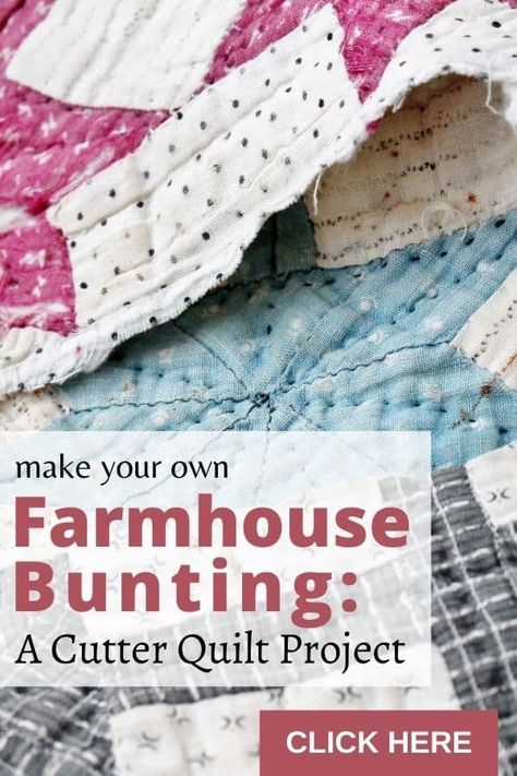 Make your own charming farmhouse style banner with an old tattered cutter quilt. Add warmth and cheer to your home or antique booth! #vintage #antique #quilt #DIY #bunting #banner #farmhousestyle Vintage Quilt Scrap Projects, Old Quilt Projects, Projects With Old Quilts, Things Made From Old Quilts, Old Quilts Repurposed Upcycle, Upcycle Old Quilts, Quilt Pieces Repurposed, Things To Make From Old Quilts, Repurpose Old Quilts Upcycling Ideas