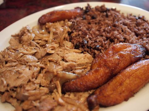 Traditional Cuban meal: Roast Pork, Congri, and Plaintains Platanos Fritos, Traditional Cuban Food, Cuban Kitchen, Cuban Bar, Sweet Plantains, Cuban Restaurant, Hispanic Recipes, Cuban Dishes, Latin American Food