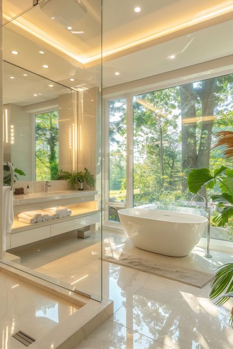 Discover Serenity: Luxurious Bathroom Oasis with Nature Views Big Baths For Two, Bathroom With Lots Of Windows, Bathroom With View Window, Bathtub In Room, Lux Bathroom Ideas, Bathroom Big Window, Dream Bathrooms Luxury Modern, Standalone Bathtub, Dream Bathroom Luxury