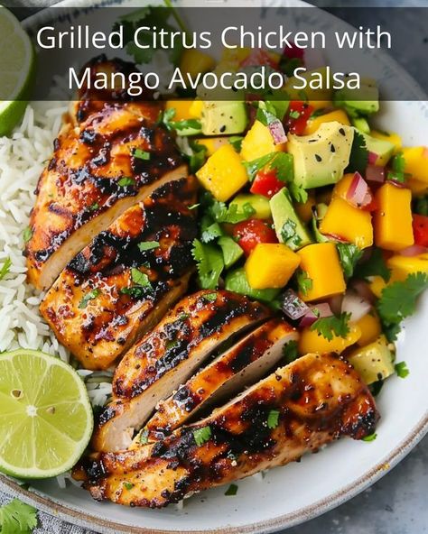 Recipes Vista Dinner Recipes Mediterranean, Mango Dinner, Chicken With Mango Avocado Salsa, Chicken With Mango, Mango Avocado Salsa, Mango Avocado, Salsa Ingredients, Lemon Rice, Chicken Marinade