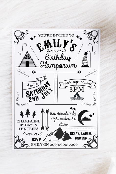 This vintage style glamping invitation is perfect for hens weekends, bridal shower camping or kids sleepovers. With editable wording and vintage-rustic elements, this invitation is versatile for any camping or glamping events! Edit online, save paper and time! Glamping Invitation, Camping Party Invitations, Hens Weekend, Glamping Birthday, Computer Works, Hen Weekend, Camping Party, Women Camping, Downloads Folder