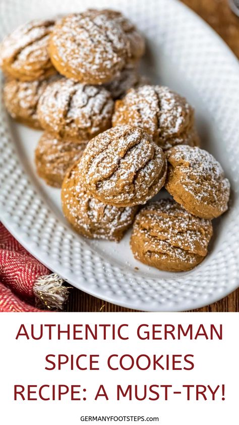 German spice cookies dusted with powdered sugar on a white oval plate. German Food Authentic Desserts, Keto German Recipes, German Cookies Christmas, German Desserts Authentic, German Cookies Traditional, German Recipes Authentic, Polish Pastries, German Cookie Recipes, German Christmas Desserts