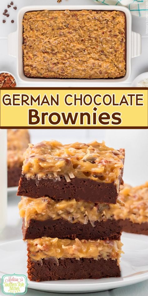 German Chocolate Brownies German Chocolate Brownies, Chocolate Brownies Recipe, Triple Chocolate Cheesecake, Fall Meals, Dessert Bar Recipe, Homemade Brownies, No Bake Bars, Brownies Recipe, German Chocolate