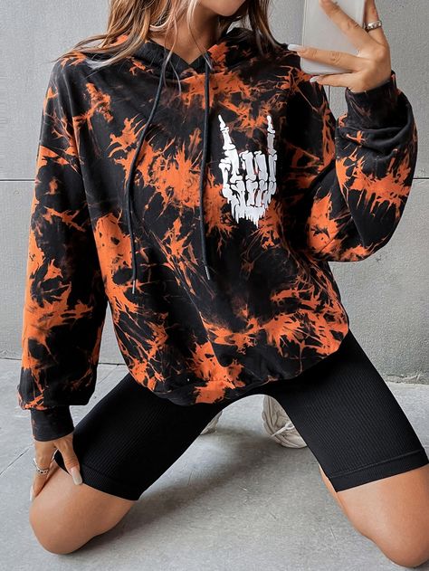 SHEIN Skull Print Drop Shoulder Tie Dye Hoodie Tie Dye Hoodie Outfit, Halloween Jacket, Plus Size Gothic, Brown Tie Dye, Brown Tie, Plus Size Halloween, Dye Hoodie, Tie Dye Hoodie, Hoodie Outfit