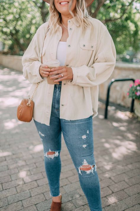 cream corduroy shirt jacket from the Nordstrom Anniversary Sale Cream Corduroy Jacket, Cream Corduroy Shirt Outfit, Cream Shirt Outfit Women, Ivory Jacket Outfit, Cream Corduroy Jacket Outfit, Cream Shirt Outfit, Cream Jean Jacket Outfit, Cream Button Up Shirt Outfits, Cream Jacket Outfit