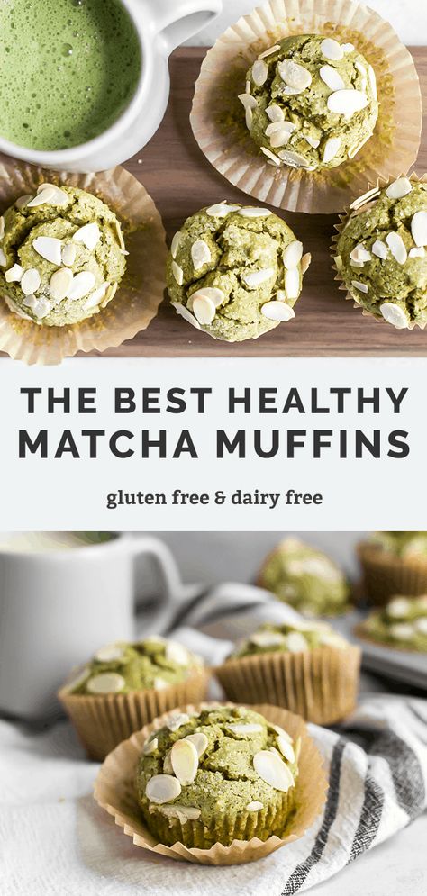 Almond Matcha Muffins made with a blend of whole grain flour and almond flour (gluten-free using 1:1 baking flour!). This clean eating recipe is easy and perfect for the matcha green tea lovers in your life. The almond flavor compliments the matcha well. A dairy-free muffin recipe everyone will love! It makes a healthy snack for kids too! Gluten Free Matcha Muffins, Gluten Free Matcha Recipes, Healthy Matcha Muffins, Healthy Matcha Baking, Almond Uses, Matcha Baking Recipes Healthy, Keto Matcha Recipes, Baking With Matcha, Matcha Muffins Recipes