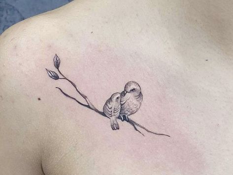 Mom And Baby Bird Tattoo, Mother Bird Tattoo, Bird On Branch Tattoo, Fine Line Bird Tattoo, 92 Tattoo, Mum And Daughter Tattoo, Tattoos Mom, Little Bird Tattoos, Mum And Daughter