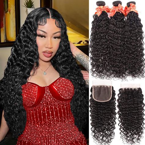 with Closure Brazilian Virgin Hair Wet and Wavy Bundles with Lace Closure and Curly Bundles with Closure Human Hair Extensions Natural Black Color (14 16 18+12) Deep Wave Bundles Sew Ins, Curly Hair Bundles Black Women, Best Hair Bundles On Amazon, Where To Buy Hair Bundles, Amazon Hair, Lace Closure Hairstyles, Peruvian Hair Bundles, Curly Weaves, Virgin Hair Bundles