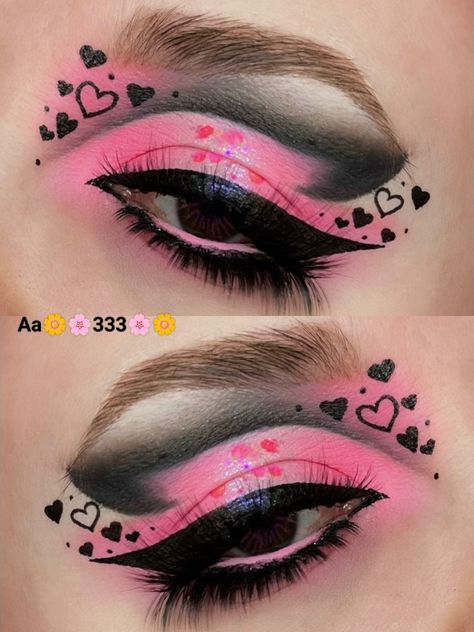 Eye makeup/ eye shadow looks/ pink/ black/valentine's day makeup Black And Pink Makeup Looks, Pink And Black Makeup Looks, Pink And Black Eye Makeup, Pink Goth Makeup, Majestic Makeup, Pink And Black Makeup, Valentine's Makeup, Black Makeup Looks, Eye Magic