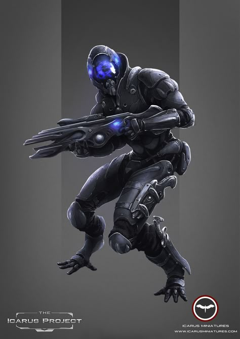 Praesidian Commando. Learn more at icarusminiatures.com Army Concept Art, Rifts Rpg, Alien Soldier, Triple Helix, Eclipse Phase, Space Pirates, Futuristic Armor, Futuristic Robot, Autodesk Maya