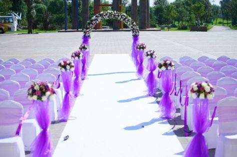 Purple Teal Wedding Decorations, Outside Wedding Decorations, Purple Decorations, Deep Purple Wedding, Purple And White Wedding, Ceremony Decorations Outdoor, Wedding Aisle Outdoor, Purple And Green Wedding, Purple Wedding Decorations