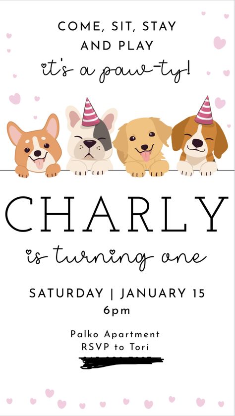 Three Year Old Puppy Party, Puppy Party Invite, Dog Themed One Year Old Party, Dog B Day Party, Dog Cat Birthday Party, Pug Party Theme, Dogs And Cats Birthday Theme, Puppy Pawty First Birthday, Two Doggone Cute Birthday