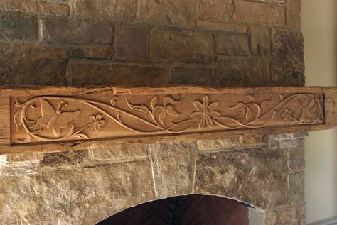 Custom carved wood mantle. Carved Wood Fireplace Mantle, House Carved Into Mountain, Castle Carved Into Mountain, Fantasy Wood Carving, Traditional Fireplace Mantel, Carved Fireplace, Ornate Wood Carving, Wood Mantle, Traditional Fireplace