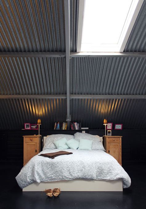 Corrugated Metal Ceiling | corrugated galvanized iron wall 2 Quonset Homes, Quonset Hut Homes, Tin Ceilings, Corrugated Tin, Corrugated Iron, Attic Bedroom Designs, Quonset Hut, Corrugated Metal, Attic Rooms