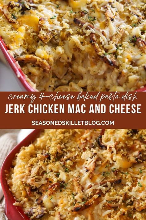 Jerk Chicken Mac and Cheese Jerk Recipes Jamaica, Jerk Chicken Pasta, Chicken Mac N Cheese, Chicken Mac And Cheese Recipe, Jerk Recipe, Chicken Mac And Cheese, American Comfort Food, Baked Pasta Dishes, Crockpot Chicken Thighs