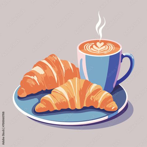 Croissant and cafe latte, illustration drawing Stock Vector Croissant Drawing, Latte Illustration, Croissant Illustration, Croissant Aesthetic, Coffee Illustration, Travel Theme, Cafe Latte, Travel Themes, Food Illustrations