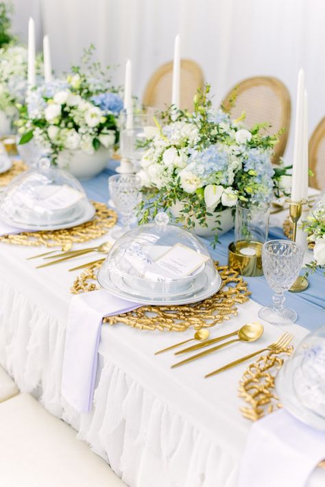 Kara's Party Ideas Elegant Dusty Blue & Gold Baptism | Kara's Party Ideas Light Blue Wedding Table, Blue Tablecloth Wedding, Ocean Blue Wedding Theme, Soft Blue Wedding, Blue Wedding Table, Table Styling Ideas, Wedding Table Cloth, Wooden Wedding Arches, Baptism Party Ideas