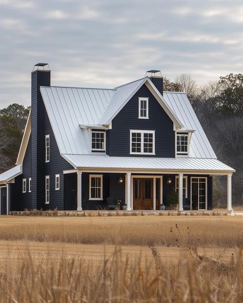 Dark Blue Exterior, Barndominium Exterior, Farm Style House, Lake Houses Exterior, Barn House Design, Blue Exterior, Backyard Fireplace, Dark House, Bungalow Style