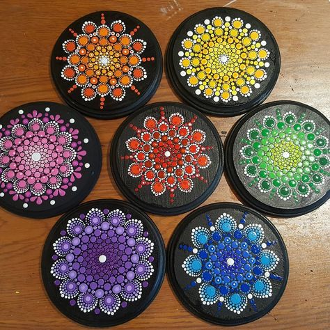 Chakras Mandala on wood by Pierre du Coeur #866, to #871 🕉 DM for info #mandala #mandalalove  #pierreducoeur #arttherapy #namaste… Mandala On Wood, Mandala Making, Chakra Painting, Mandala Coasters, Aboriginal Dot Art, Mandala Painted Rocks, Mandala Rock Art, Stone Art Painting, Mandala Stencils