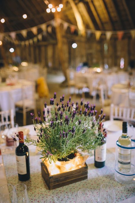 Potted Lavender Crates Centrepiece Table Decor Homespun Fun Country Barn Wedding http://storyandcolour.co.uk/ Lavender Pots Wedding, Potted Lavender Wedding, Potted Plant Centerpieces Wedding, Lavendar Wedding Centrepiece, Potted Herbs Wedding Centerpiece, Herb Wedding Centerpieces, Winery Birthday, Windmill Wedding, Lavender Potted Plant