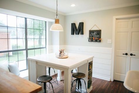 Craft Table by Clint Harp on HGTV Fixer Upper. Craft Table seats four, is counter height and has two sections of cubbies for supply storage! Shiplap Bottom Half Wall, Half Wall Kitchen, Wainscoting Styles, Dining Furniture Makeover, Rustic Dining Furniture, Farmhouse Dining Rooms Decor, Diy Wainscoting, Wall Kitchen, Craft Room Office