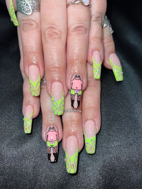 #patrickstar #patrickintights #spongebobsquarepants #coffinnails #funkynails #bikinibottom #goofygoober Patrick Star Nails Design, Patrick Star Nail Art, Patrick Nails Spongebob, Spongebob Sky Nails, Spongebob Themed Nails, Spongebob And Patrick Nails, Squidward Nails, Patrick Star Nails, Patrick Star Makeup